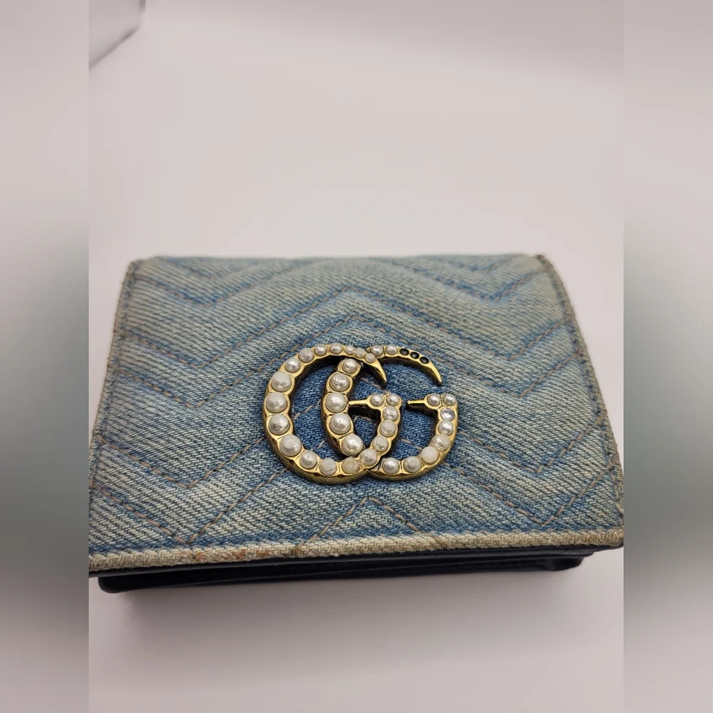 GUCCI Blue Quilted Denim Pearl GG Marmont Small Flap Wallet Card Case